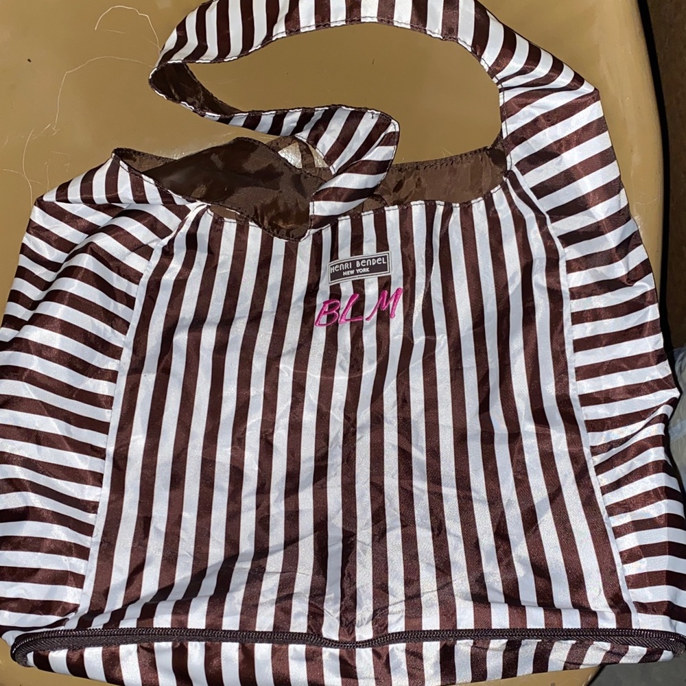 Henri Bendel Foldable Reusable Brown White Striped Bag with Pink BLM Embroidery